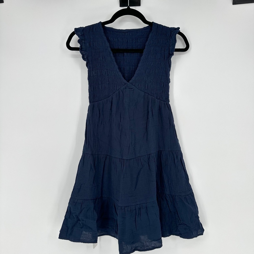 NEW Beachsissi Blue Smocked Tiered VNeck Ruffle Mini Dress S Beach Summer Casual